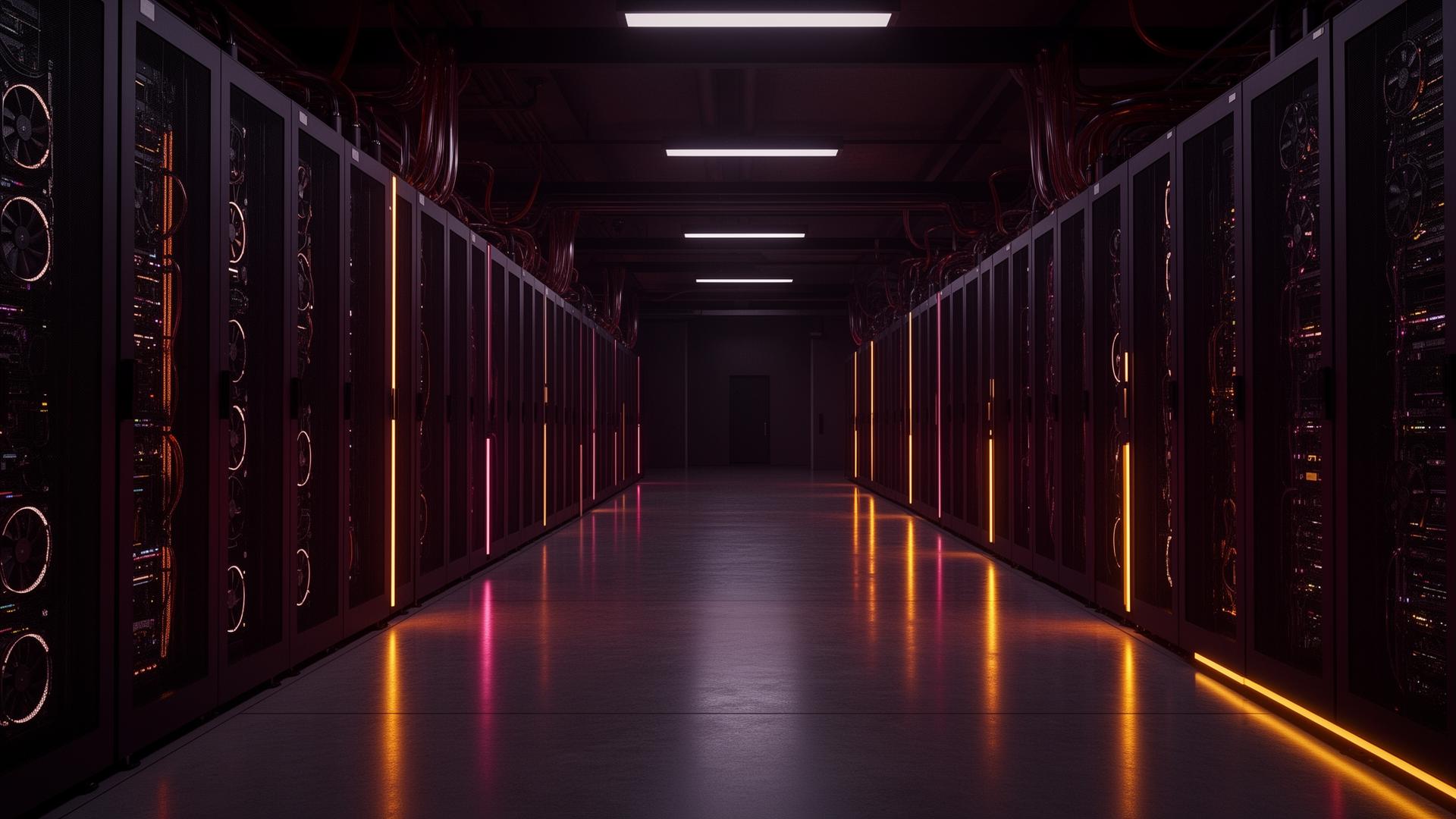 Sovereign AI data hall — GPU racks with burgundy and amber accent lighting
