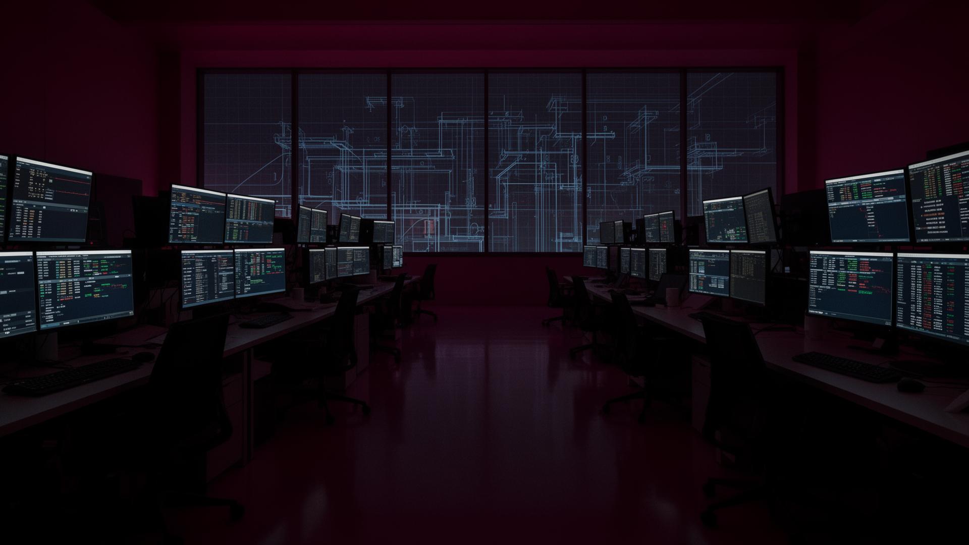Anonymized financial trading operations floor at night