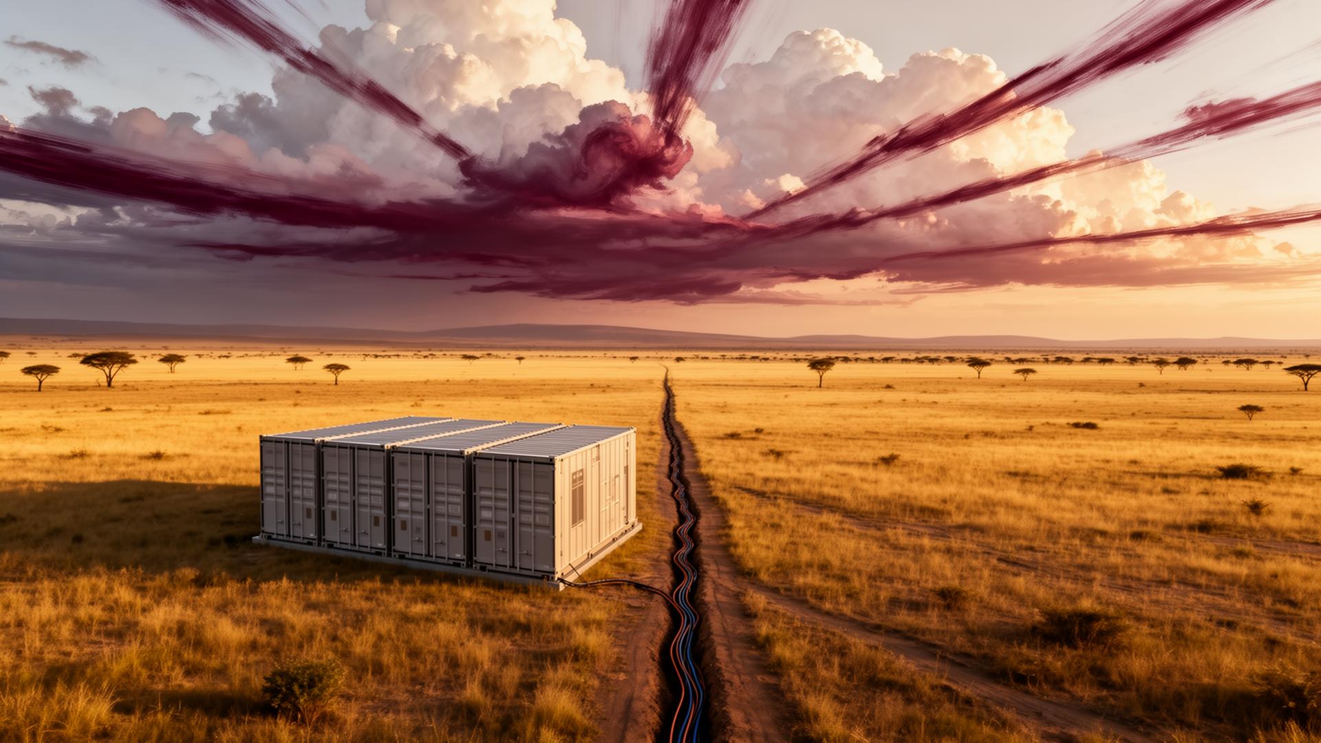 Rhodium 45 modular container pod sited in an open landscape with sovereign cloud overhead