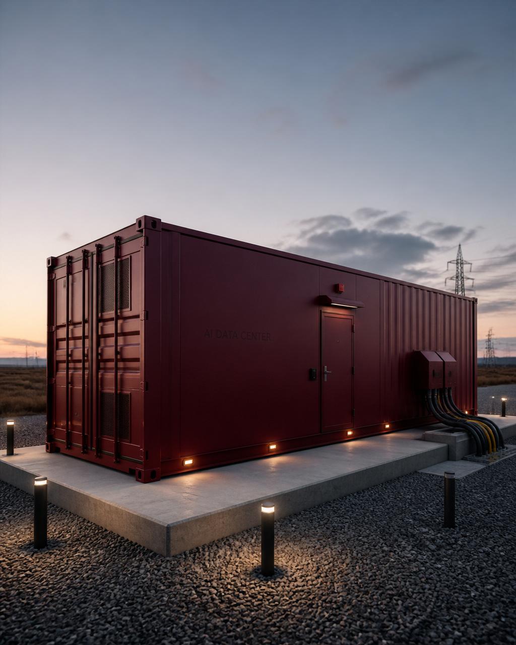 Rhodium 45 sovereign AI compute container sited on a prepared pad at dusk, with fiber and power tie-ins