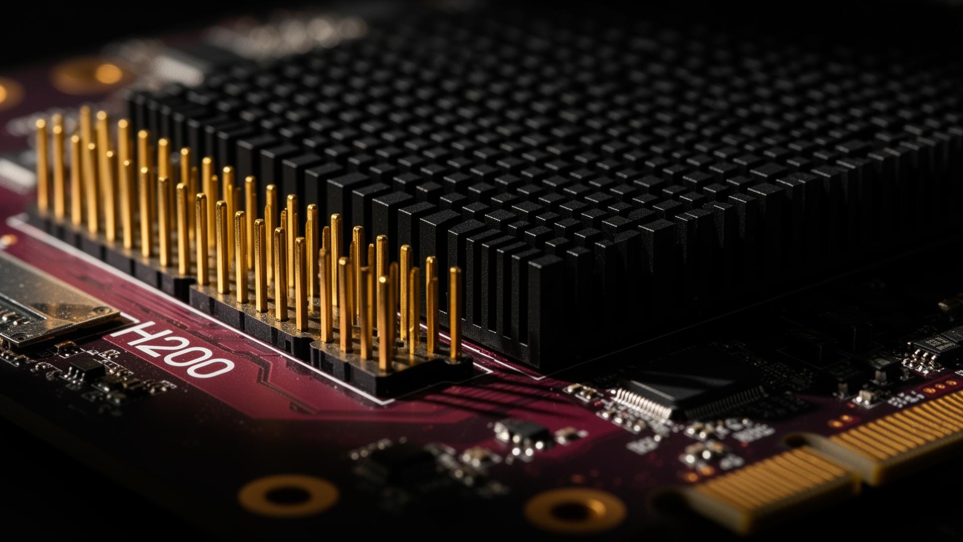 Macro photograph of an H200-class GPU accelerator board