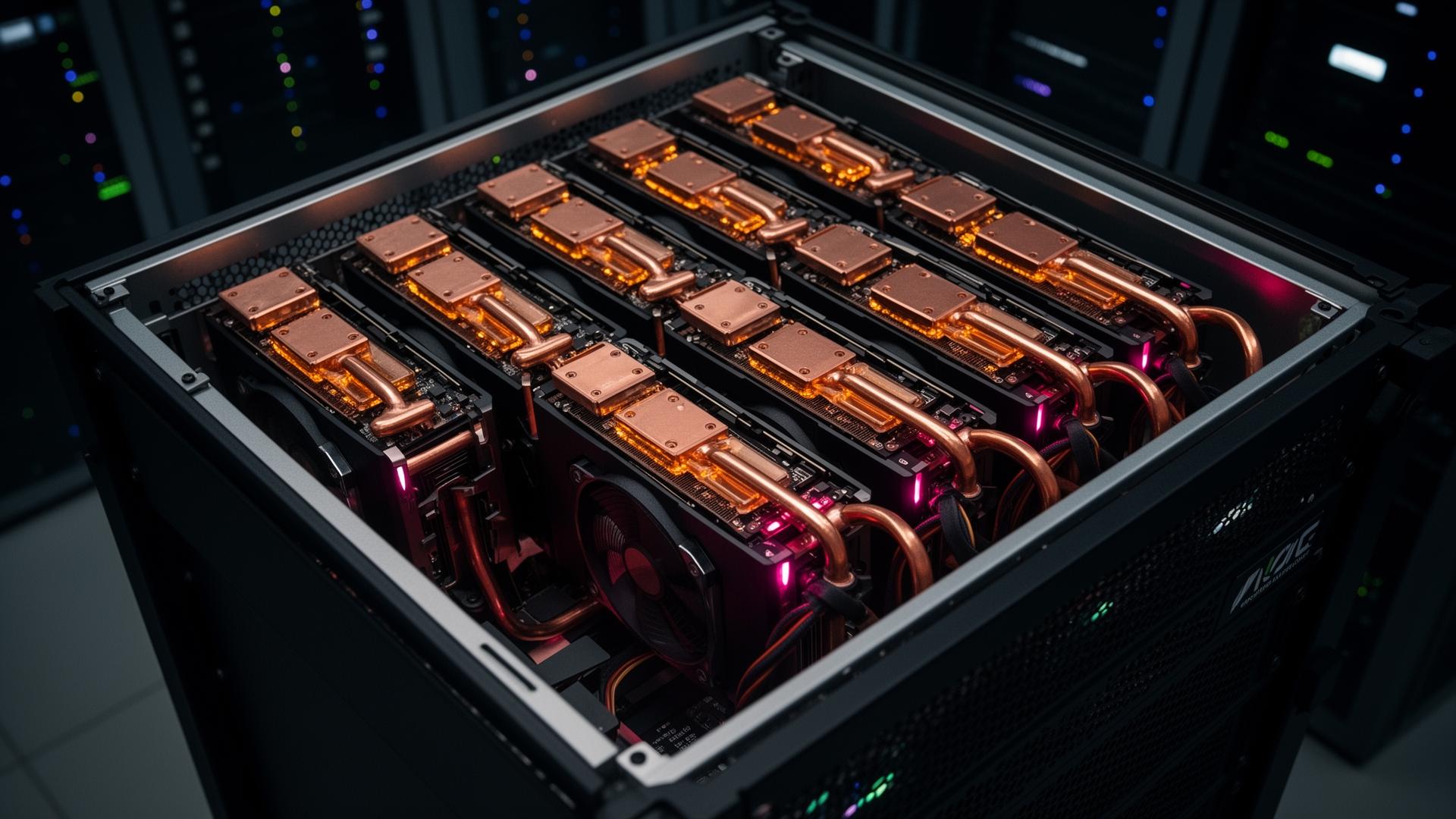Top-down view of a liquid-cooled 8-GPU AI training chassis inside a Rhodium 45 container