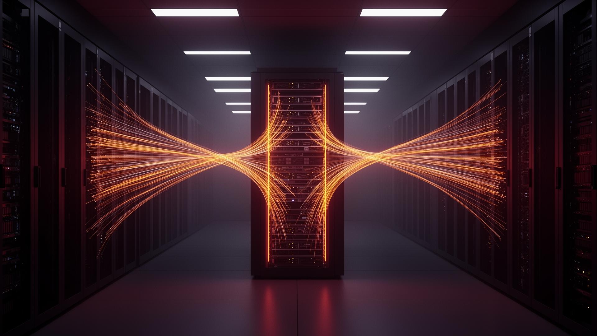 Fiber optic cables converging into a single sovereign compute rack